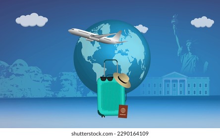 travel america Airplane, luggage and passport illustration for tourism