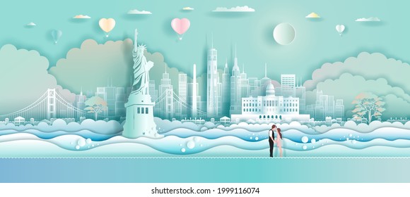 Travel America landmarks with love balloons and couple in paper art,  Origami, paper cut design.Travel manhattan and tour san francisco in America modern architecture. Vector illustration.