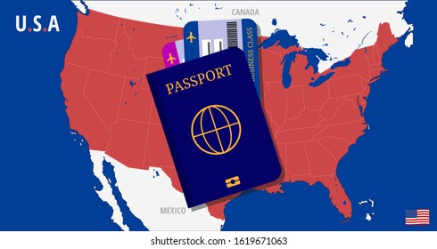 Travel America - Map of the U.S.A with passport and two tickets. Map with state borders in red white and blue. Visit the US, experience, tourist concept. Vector illustration.