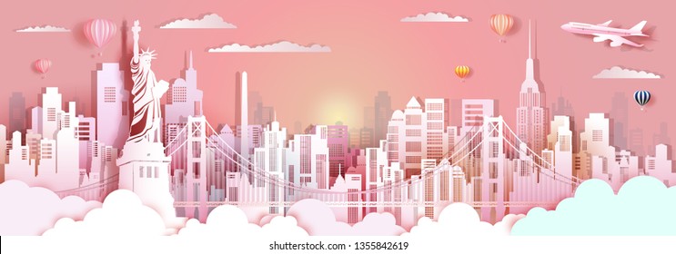 Travel America New York City Liberty statue landmark in Manhattan,Tourism art USA famous landmarks san francisco with downtown,skyline,architecture modern office,Vector illustration paper art origami.