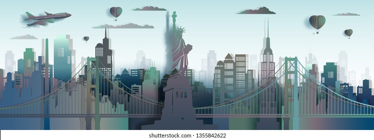 Travel America New York City Liberty statue landmark in Manhattan, Tourism USA famous landmarks skyscraper with downtown skyline,Architecture modern office, Vector gradient paper art and paper origami