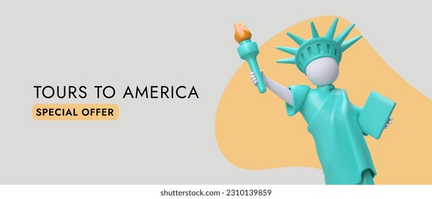 Travel to America, special offer from travel agency. Search for best program, excursions, hotels. Modern website banner with realistic American Statue of Liberty