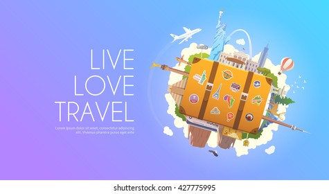 Travel to America. Suitcase with landmarks. Web advertising banner. Modern flat design.