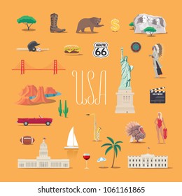 Travel to America vector icons set. USA landmarks, Indian, statue of liberty, New York, etc. Travel to United States of America concept design 