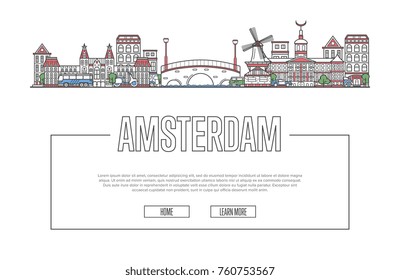 Travel Amsterdam vector composition with famous architectural landmarks in linear style. Holland traveling, time to travel concept. Amsterdam historic attractions on white background, european tourism