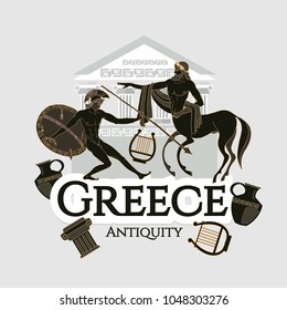 Travel to Ancient Greece. Collection of symbolic elements mythology. Template travel background. Traditions and culture, Welcome to Greece 