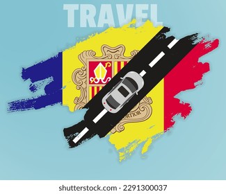 Travel to Andorra by car, going holiday idea, vacation and travel banner concept, car on the road with Andorra flag, international car travel, automobile going on a way, top view
