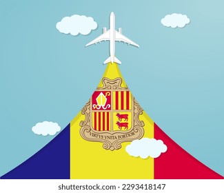 Travel to Andorra by flight, destination concept, vacation in Andorra, plane vector design, paper cut effect with blue sky and airplane, summer trip idea, country tourism banner