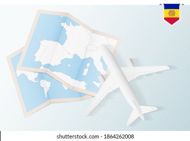 Viaje a Andorra, avión de vista superior con mapa y bandera de Andorra. Diseño de pancartas de viajes y turismo.