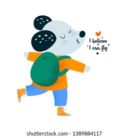 Travel animal. Cute dog go to travel. Adventure card. Positive phrase. I believe I can fly. Flat Illustration for kids game, book, t-shirt, card, print, poster, decoration, textile