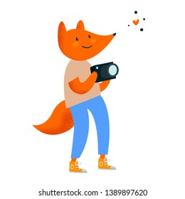 Travel animal. Cute photographer Fox traveller with photo camera take photos for memory.  Flat trendy Illustration for kids game, book, t-shirt, card, print, poster, decoration, textile