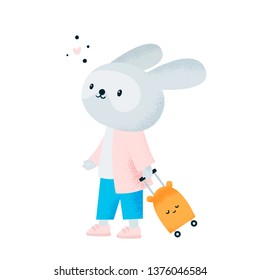 Travel animal. Cute rabbit bunny with bag go to journey. Time for vacation.  Flat Illustration for kids game, book, t-shirt, card, print, poster, decoration and textile. Isolated vector