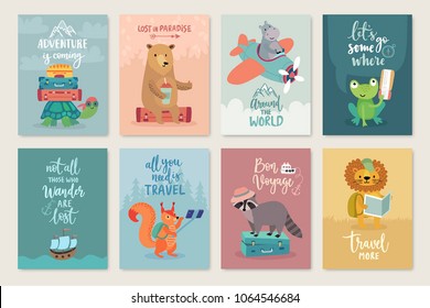 Travel Animals card set with motivation calligraphy, hand drawn style,  Vector illustration.