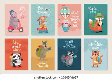 Travel Animals card set with motivation calligraphy, hand drawn style,  Vector illustration.