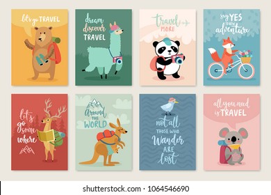 Travel Animals card set with motivation calligraphy, hand drawn style,  Vector illustration.