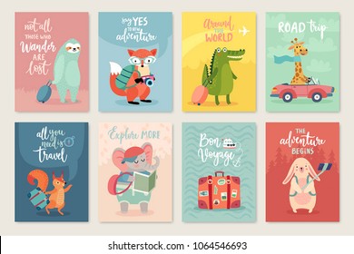 Travel Animals card set with motivation quotes, hand drawn style,  Vector illustration.