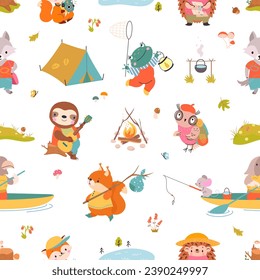Patrón sin fisuras de los animales de viaje. Divertido animal forestal, rana linda, zorro y erizo. Diseño gráfico de impresión de tela infantil, actualmente de fondo vectorial