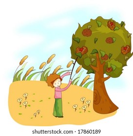 Travel Animation with Cute Child - gathering sweet fruits with happy smiling young boy in natural park on a background of beautiful rural scene : vector illustration