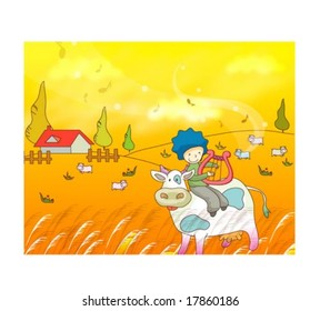 Travel Animation with Cute Child - playing happy music with lovely smiling young boy and funny dairy cattle in beautiful country on a background of romantic yellow sky at sunset : vector illustration