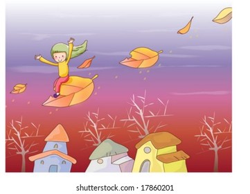 Travel Animation with Sweet Dream - flying by pretty leaf with cute and lovely little child on happy holiday season background with beautiful evening sky at sunset : vector illustration