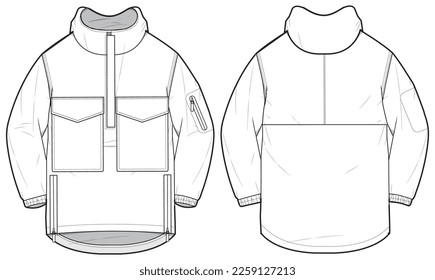 Travel Anorak Hoodie jacket design flat sketch Illustration, Protection Hooded jacket with front and back view, winter hoody jacket for Men and women. for hiker, outerwear in winter