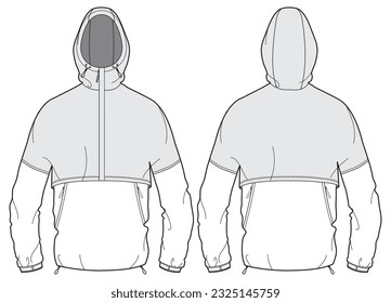 Travel Anorak Hoodie jacket design flat sketch Illustration, Protection Hooded jacket with front and back view, winter hoody jacket for Men and women. for hiker, outerwear in winter