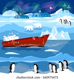 Travel to Antarctic and Arctic. Ice breaker, penguins, polar lights. Animals of Antarctica. Scientific base on North Pole 