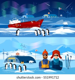 Travel to Antarctica banners. Scientific station on North Pole. Fauna of Antarctic, polar bear, penguins. Ice breaker and polar explorers. Arctic and Antarctic tourism. 