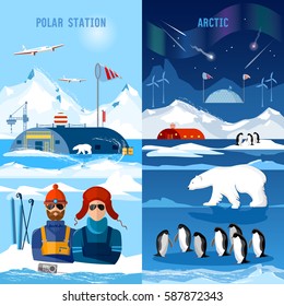 Travel to Antarctica banners. Scientific station on North Pole.  Arctic and Antarctic tourism. Fauna of Antarctic, polar bear, penguins 