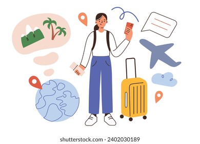 Travel app hand drawn composition, planning a trip online, cartoon woman with baggage, plane, calendar, ticket icons, vector illustration of mobile phone screen, globe with location, travel agency