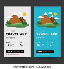 Travel App with Hills Mountains With Trees Clouds and Sun UX and UI For Phone Screen