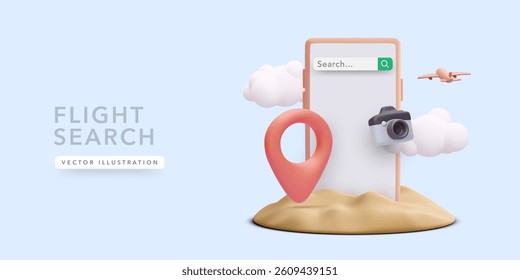 Travel App Interface With Search Bar, Location Pin, Camera, and Airplane in 3D Style. Concept for Booking Flights, Exploring Destinations, and Travel Planning. Vector Illustration.