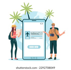 Travel app online flight ticket book reservation by phone concept. Vector graphic design illustration