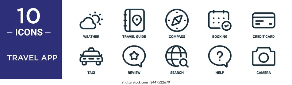 travel app outline icon set includes thin line weather, travel guide, compass, booking, credit card, taxi, review icons for report, presentation, diagram, web design