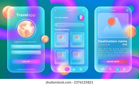 Diseño gui de la página web de aplicaciones de viajes al estilo glassmorphismo. Kit de ui móvil para diseñadores de interfaces de usuario. Plantilla de vector de aplicación móvil acrílica escarpada con pantallas de gradiente ux púrpura para el viaje de planificación