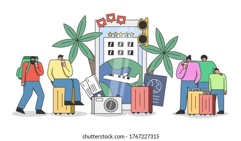 Travel application concept. Group of tourists making booking and reservation for vacation or trip online using smartphones. Mobile app for tourism. Cartoon flat vector illustration