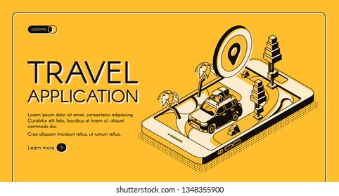 Travel application isometric vector web banner. Car with baggage on roof riding on road in tropical country on cellphone screen line art illustration. Mobile navigation service landing page template