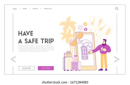 Travel Application Mobile Technologies Landing Page Template. Traveler Character Use Smartphone App to Search Route, Location of Place with Gps, Book Airplane Tickets. Linear Vector Illustration