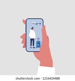 Travel application, New technologies. Hand holding a smartphone. Flat editable vector illustration, clip art