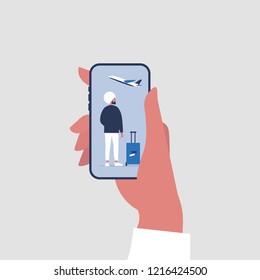 Travel application, New technologies. Hand holding a smartphone. Flat editable vector illustration, clip art