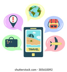 Travel application on the smartphone with balloons and travel icons. White background.