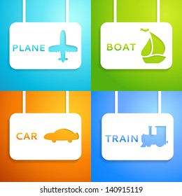 Travel applique background. Vector illustration for your transportation presentation. Picture of the light blue airplane, blue train, green boat and orange car. Easy to change color background.