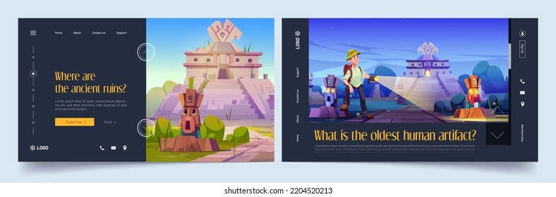 Travel and archeology website templates set. Vector illustration of cartoon tourist character exploring ancient tomb, human artifact, studying culture, history, having adventure. Landing page design