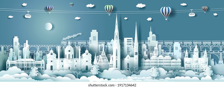 Travel architecture Austria landmarks in vienna famous city of Europe on blue background with cable car, balloons, hot air. Tour salzburg with panoramic popular capital by paper origami. Vector art.