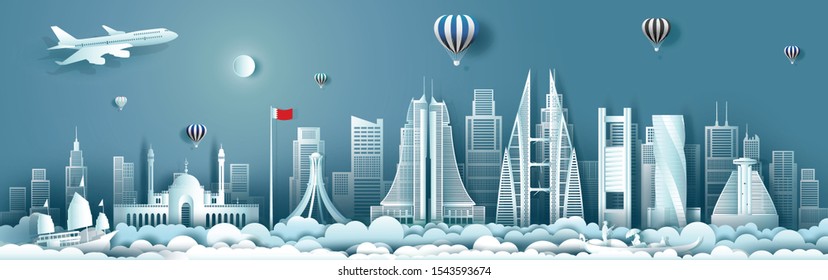 Travel architecture Bahrain with panorama view building, skyline, skyscraper. Modern business brochure design.Tour asia landmarks of arab with blue color and cityscape background.Vector illustration