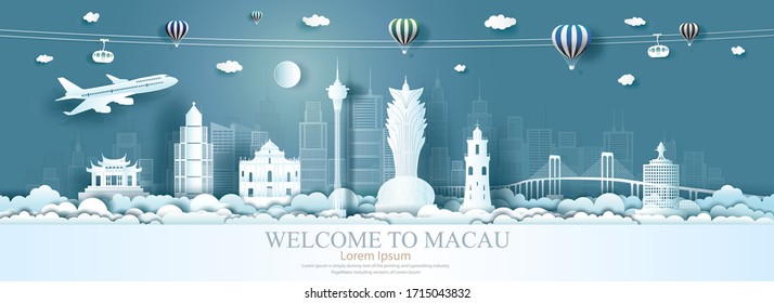 Travel architecture China landmarks in Macau famous city of Asia on blue background with airplane, Tour China with panoramic popular capital, Origami paper art for advertising, Vector illustration.