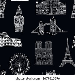 Travel, architecture, fashion vector seamless pattern on black background. Concept for wallpaper, wrapping paper, cards, print 