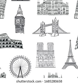 travel, architecture, fashion vector seamless pattern on white background. Concept for wallpaper, wrapping paper, cards 