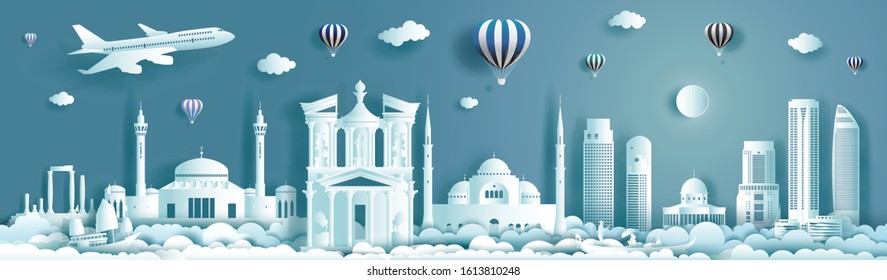 Travel architecture landmark of Jordan with modern building, monument, ancient. Business brochure modern design.Tourism arab landmarks of asian with balloon and cloud background. Vector illustration.