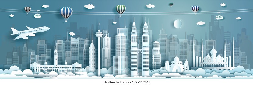 Travel architecture Malaysia landmarks in Kuala Lumpur famous city of Asia on blue background with balloons hot air. Tour Malaysia with panoramic popular capital by paper origami, Vector illustration.